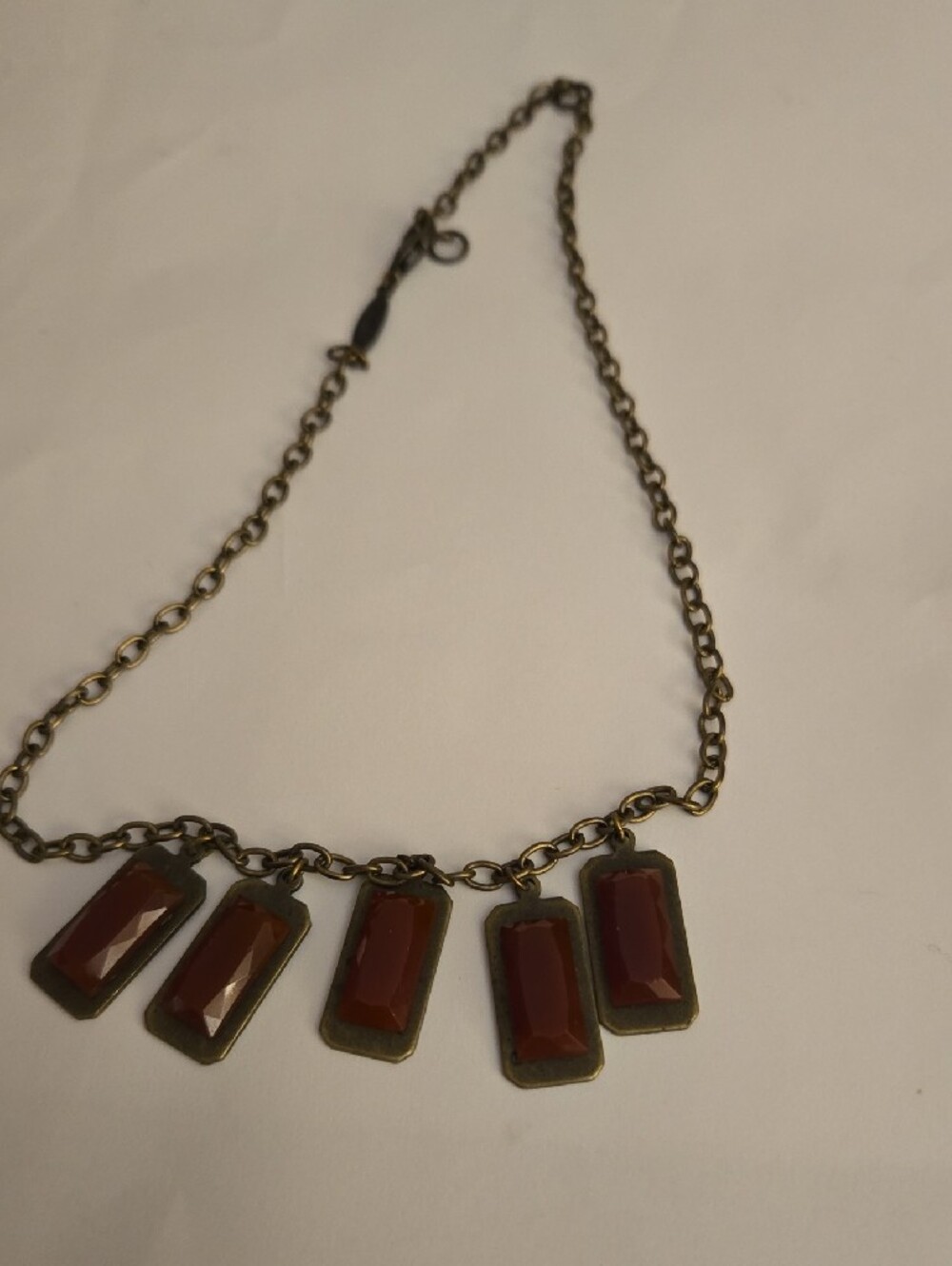 Vintage Brass Necklace with Red Rectangular Stones - Women Jewelry
